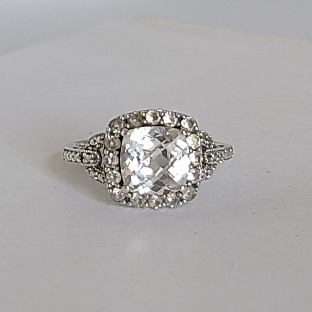 Vintage Luxury Boho CZ Cushion Cut Square Halo Marcasite Sterling Silver Ring 7